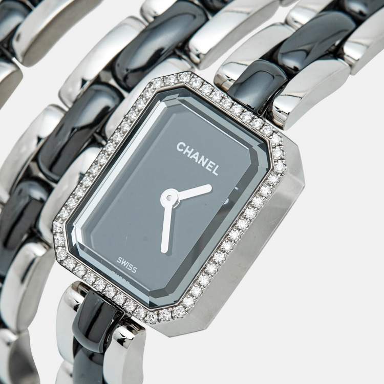 Pre Owned Chanel Premiere H3058 Black Dial Ceramic Stainless Steel Diamond Women's Wristwatch 15 mm