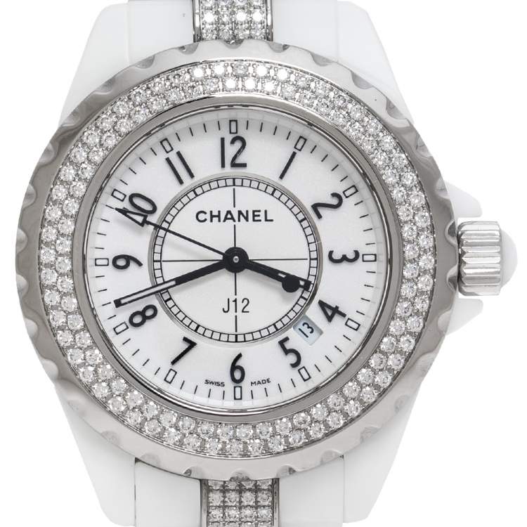 مملوكة مسبقًا Chanel White Ceramic Diamond J12 Women's Wristwatch 34 mm