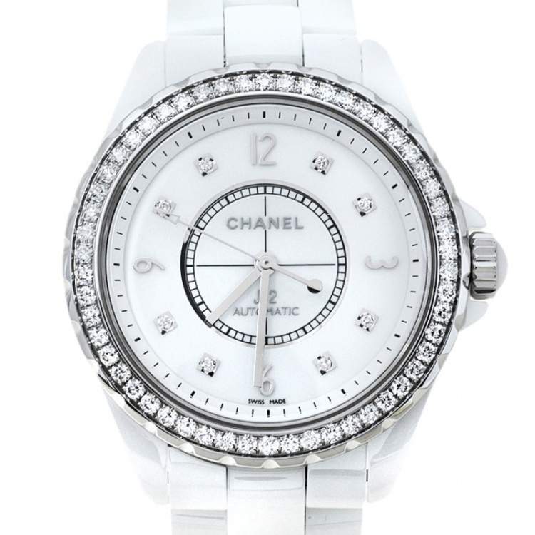 Pre Owned Chanel White Ceramic Stainless Steel Diamond J12 Women's Wristwatch 39 mm