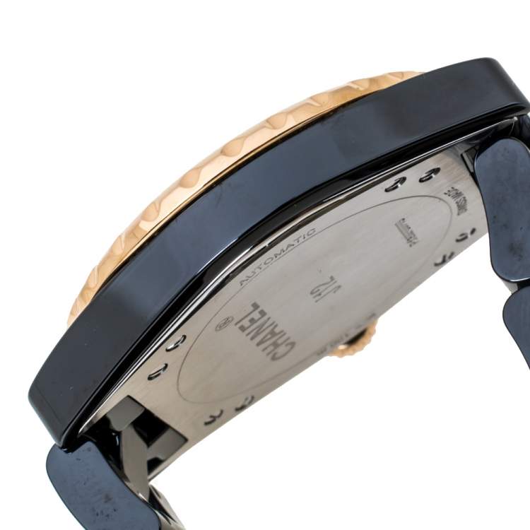 Pre Owned Chanel Black Gold Tone Black Ceramic Stainless Steel J12 H3838 Women's Wristwatch 36 mm