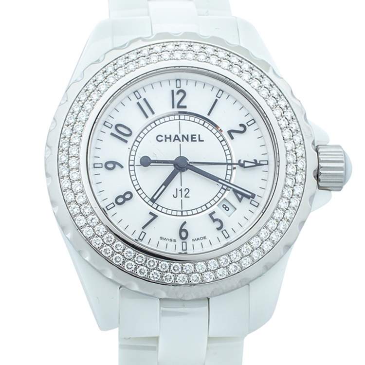 Pre Owned Chanel White Ceramic & Stainless Steel Diamonds J12 Women's Wristwatch 33 mm