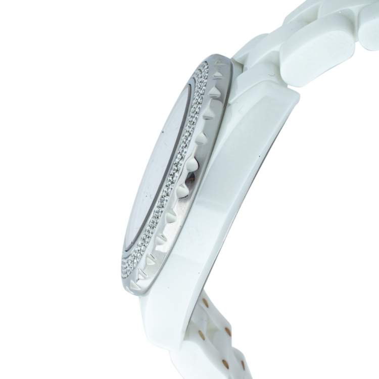 Pre Owned Chanel White Ceramic & Stainless Steel Diamonds J12 Women's Wristwatch 33 mm