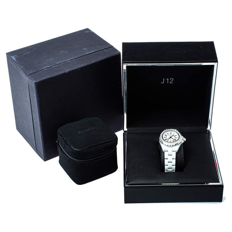 Pre Owned Chanel White Ceramic & Stainless Steel Diamonds J12 Women's Wristwatch 33 mm