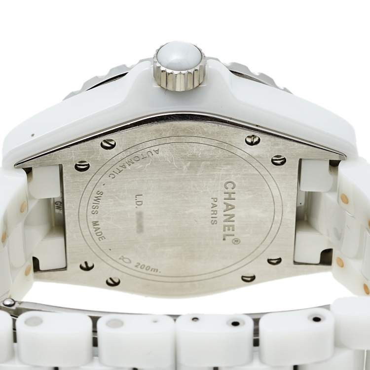 Pre Owned Chanel White Stainless Steel Ceramic Diamonds J12 Automatic Women's Wristwatch 39 mm