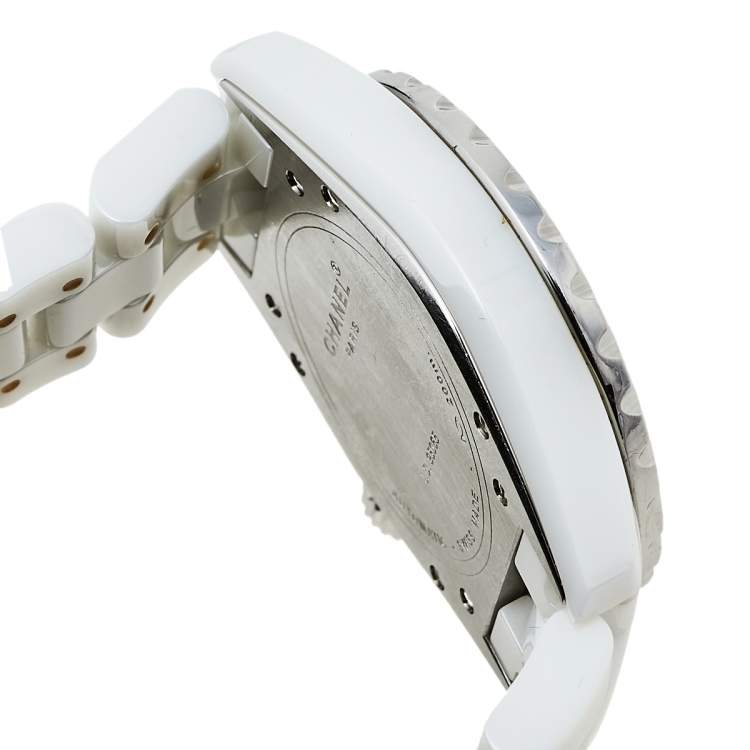 Pre Owned Chanel White Stainless Steel Ceramic Diamonds J12 Automatic Women's Wristwatch 39 mm