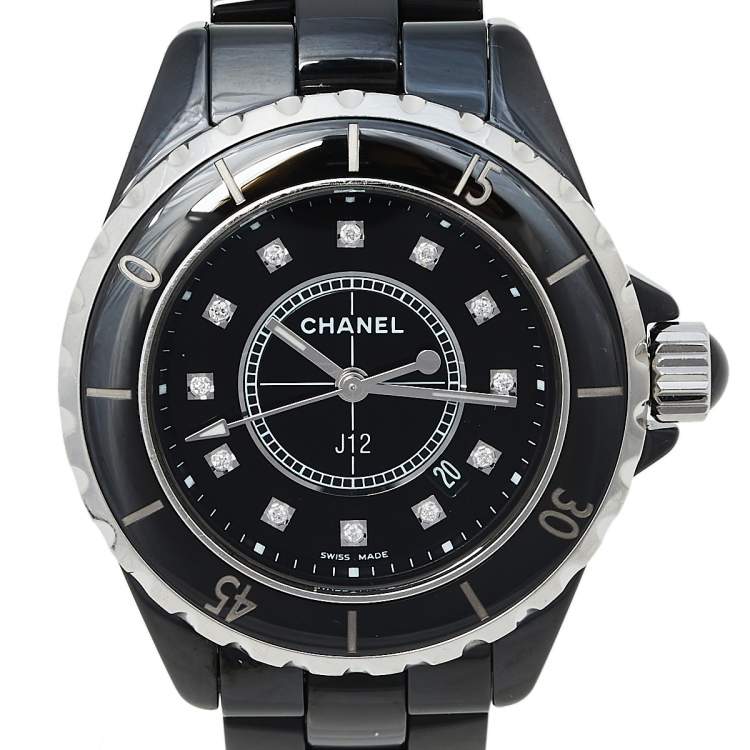 Pre Owned Chanel Black Ceramic & Stainless Steel Diamonds J12 Women's Wristwatch 33 mm