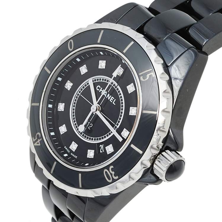 Pre Owned Chanel Black Ceramic & Stainless Steel Diamonds J12 Women's Wristwatch 33 mm