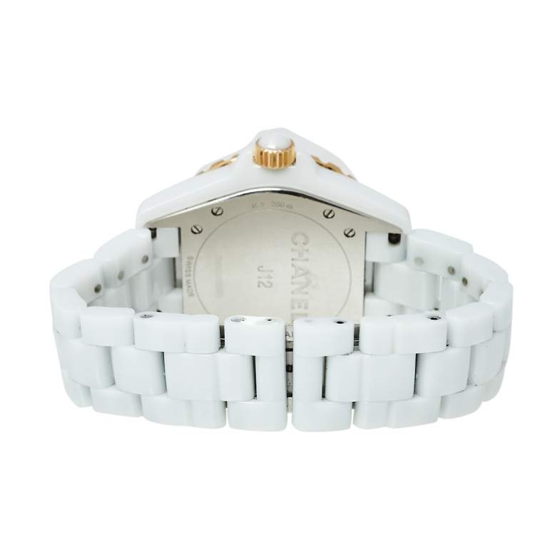 Pre Owned Chanel White 18K Yellow Gold & Ceramic J12 H2181 Women's Wristwatch 39 mm