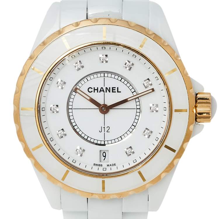 Pre Owned Chanel White 18K Yellow Gold & Ceramic J12 H2181 Women's Wristwatch 39 mm