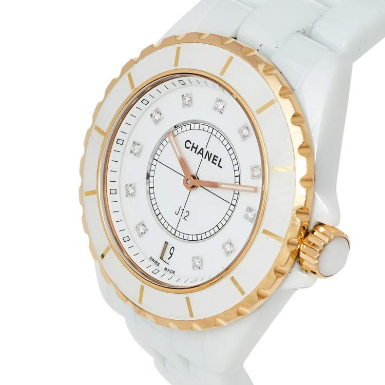 Chanel White 18K Yellow Gold & Ceramic J12 H2181 Women's Wristwatch 39 mm  Chanel