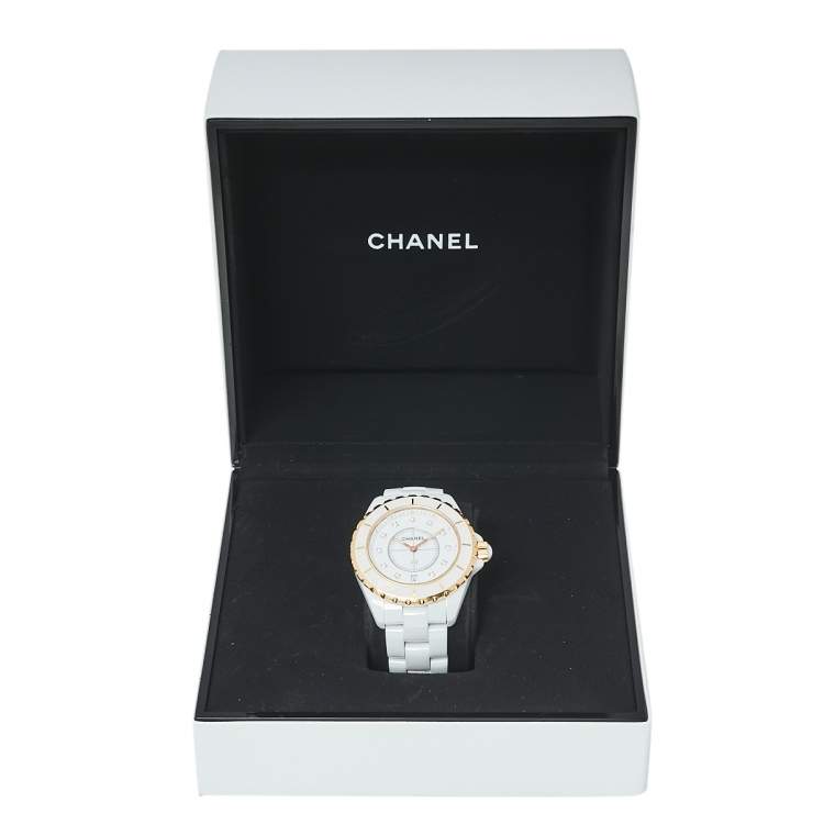 Pre Owned Chanel White 18K Yellow Gold & Ceramic J12 H2181 Women's Wristwatch 39 mm