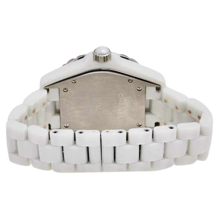 Pre Owned Chanel White Ceramic Diamonds Pink Sapphire J12 H3243 Women's Wristwatch 42 mm