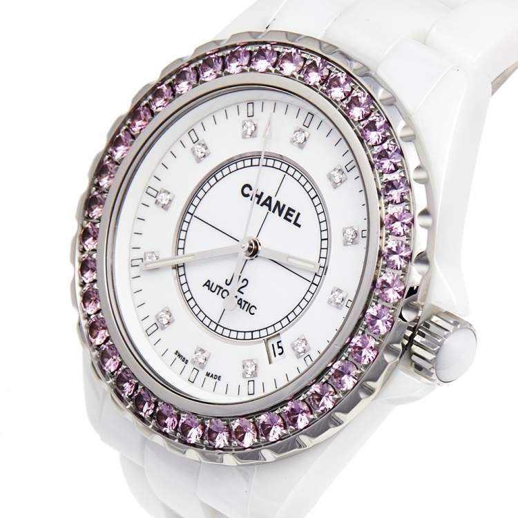 Chanel White Ceramic Diamonds Pink Sapphire J12 H3243 Women's