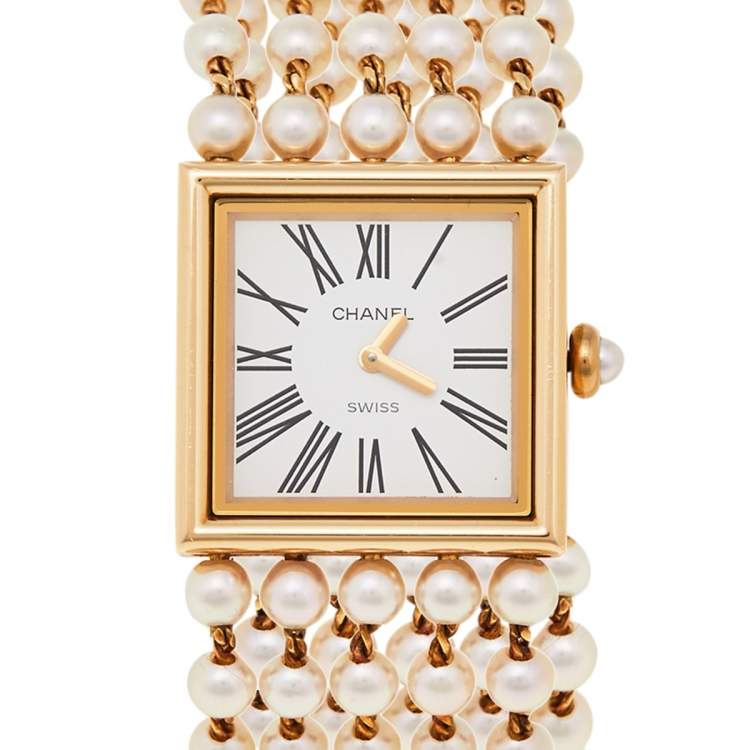 Pre Owned Chanel White 18K Yellow Gold Cultured Pearl Mademoiselle H0007 Women's Wristwatch 23 mm