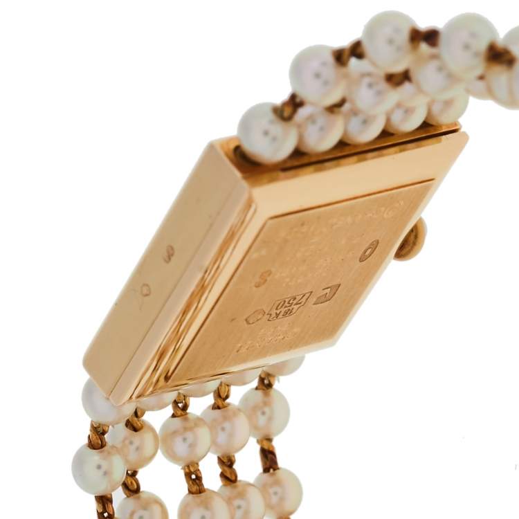 Pre Owned Chanel White 18K Yellow Gold Cultured Pearl Mademoiselle H0007 Women's Wristwatch 23 mm