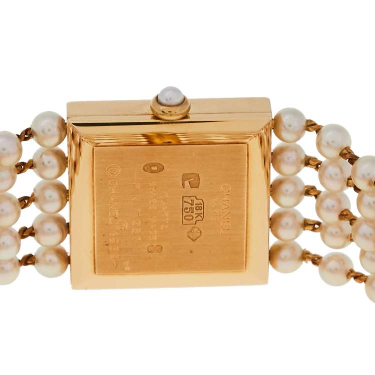 Pre Owned Chanel White 18K Yellow Gold Cultured Pearl Mademoiselle H0007 Women's Wristwatch 23 mm