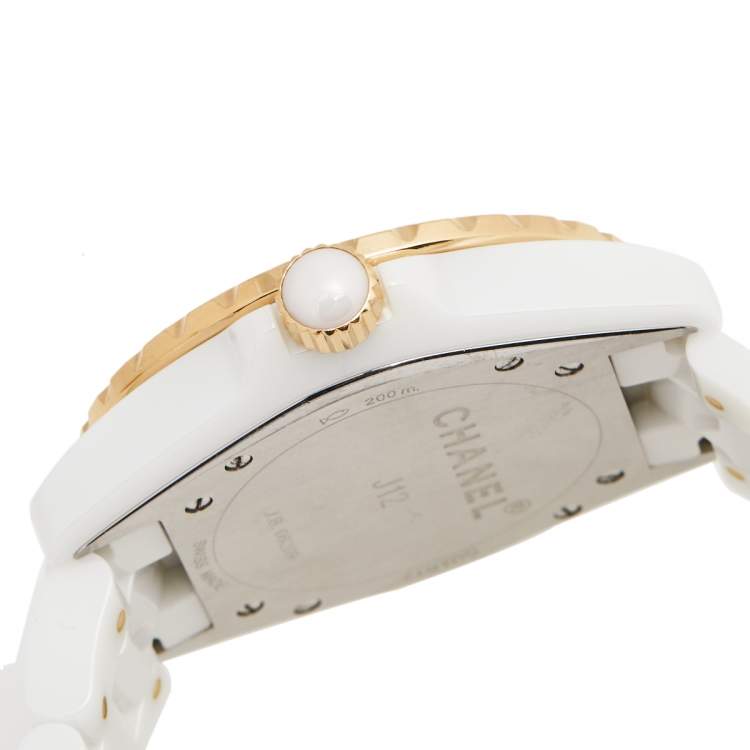 Pre Owned Chanel White Ceramic Rose Gold Plated Stainless Steel Diamond J12 H2180 Women's Wristwatch 38 mm