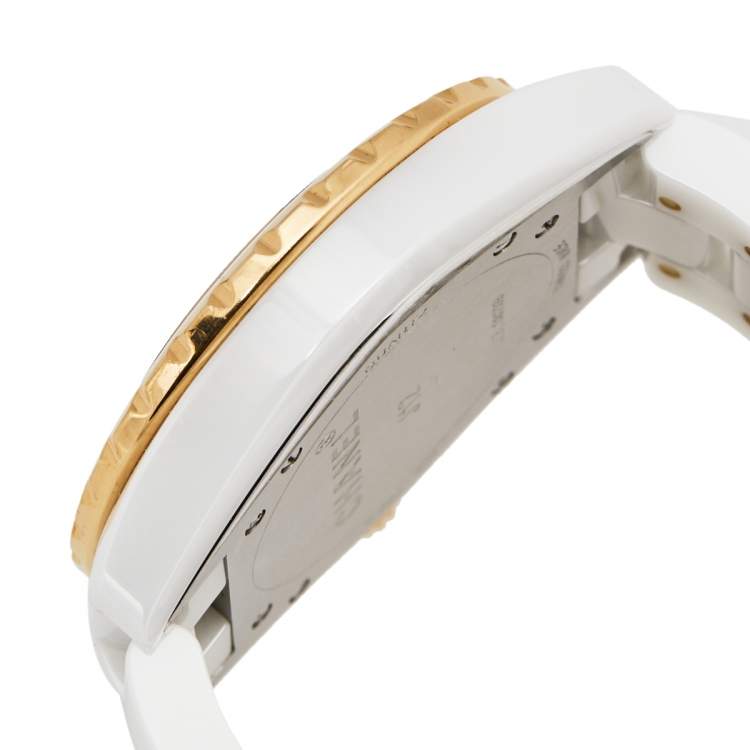 Pre Owned Chanel White Ceramic Rose Gold Plated Stainless Steel Diamond J12 H2180 Women's Wristwatch 38 mm