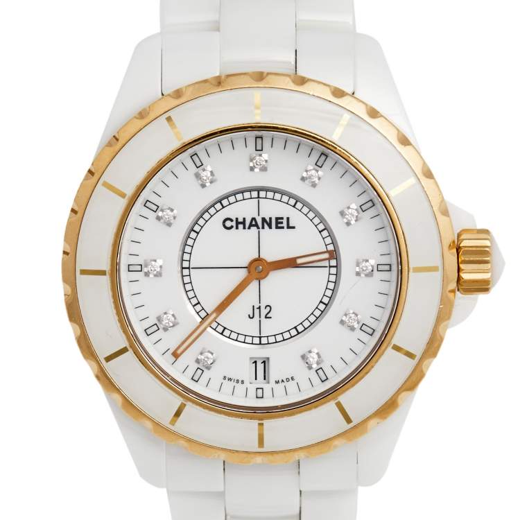 Pre Owned Chanel White Ceramic Rose Gold Plated Stainless Steel Diamond J12 H2180 Women's Wristwatch 38 mm