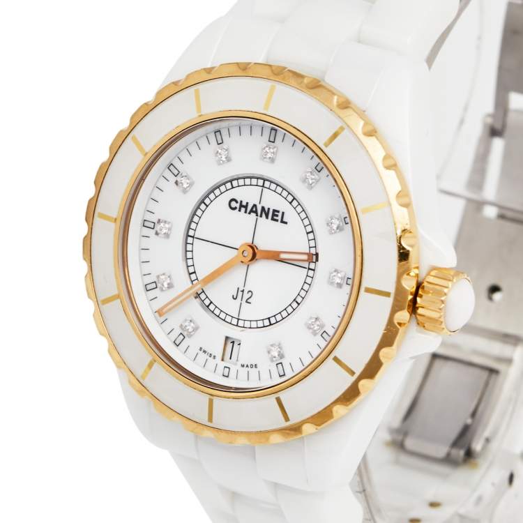 Chanel White Ceramic Rose Gold Plated Stainless Steel Diamond J12
