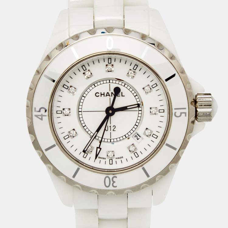 Pre Owned Chanel White Diamond Ceramic J12 H1628 Women's Wristwatch 33 mm