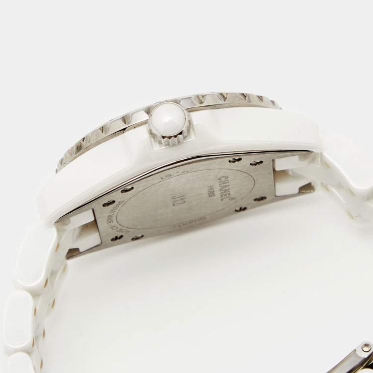 Pre Owned Chanel White Diamond Ceramic J12 H1628 Women's Wristwatch 33 mm