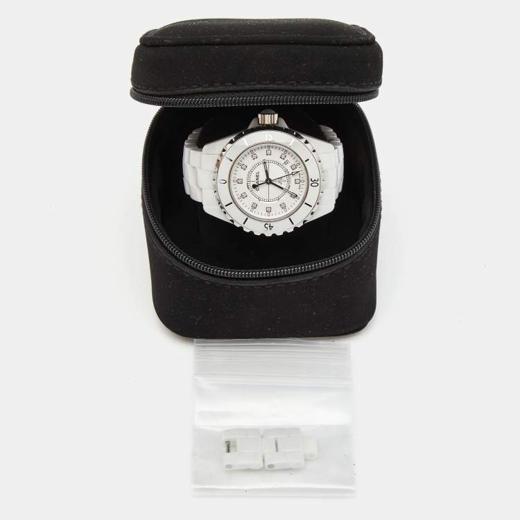 Pre Owned Chanel White Diamond Ceramic J12 H1628 Women's Wristwatch 33 mm