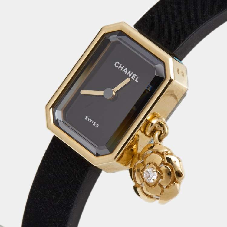 Chanel Black 18K Yellow Gold Diamond Rubber Première Extrait de Camélia H6361 Women's Wristwatch 15.2 x 19.7 mm