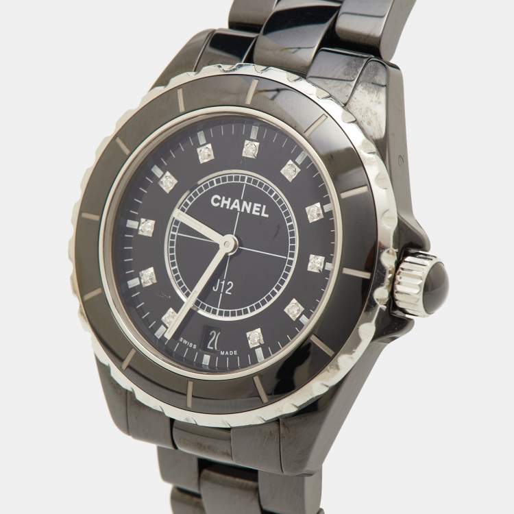 Pre Owned Chanel Black Diamond Ceramic Stainless Steel J12 H2124 Unisex 38 mm 