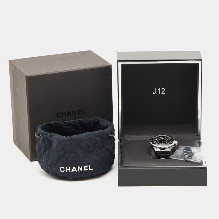Pre Owned Chanel Black Diamond Ceramic Stainless Steel J12 H2124 Unisex 38 mm 