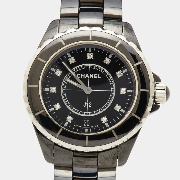Pre Owned Chanel Black Diamond Ceramic Stainless Steel J12 H2124 Unisex 38 mm 