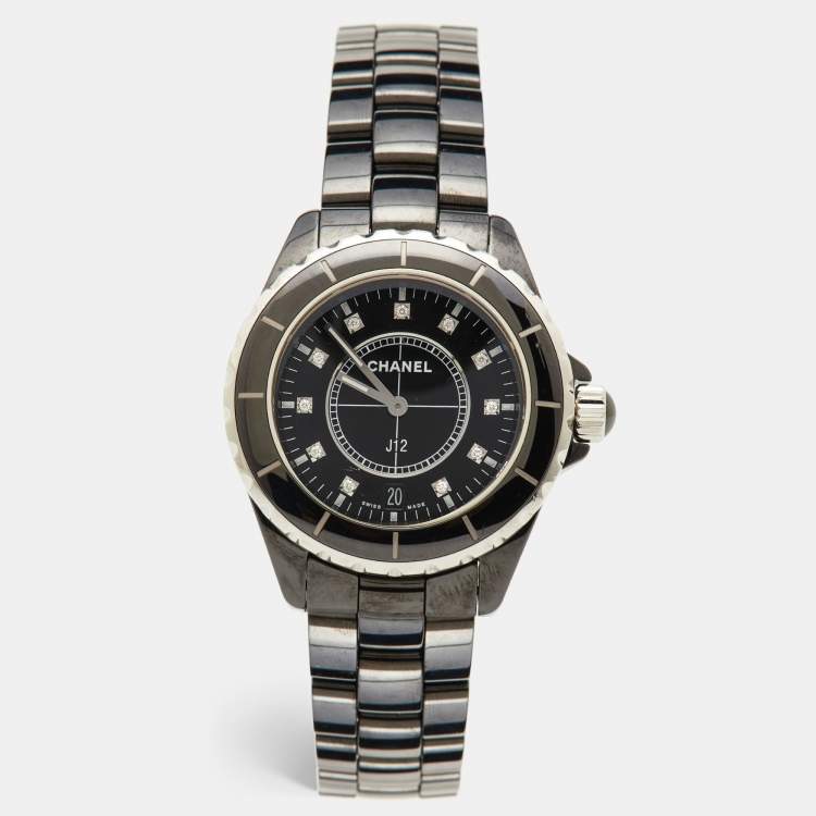 Pre Owned Chanel Black Diamond Ceramic Stainless Steel J12 H2124 Unisex 38 mm 