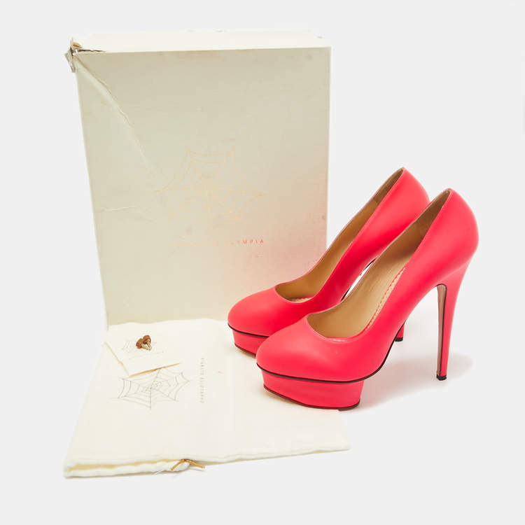 مملوكة مسبقًا Charlotte Olympia Neon Pink Leather Dolly Platform Pumps Size 41