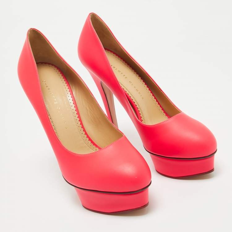 مملوكة مسبقًا Charlotte Olympia Neon Pink Leather Dolly Platform Pumps Size 41