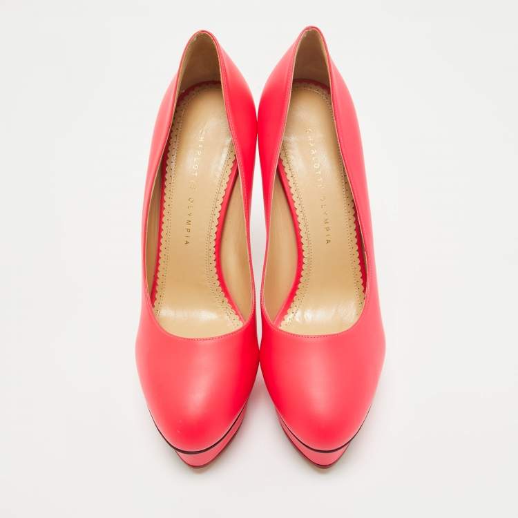 مملوكة مسبقًا Charlotte Olympia Neon Pink Leather Dolly Platform Pumps Size 41