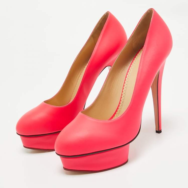 مملوكة مسبقًا Charlotte Olympia Neon Pink Leather Dolly Platform Pumps Size 41