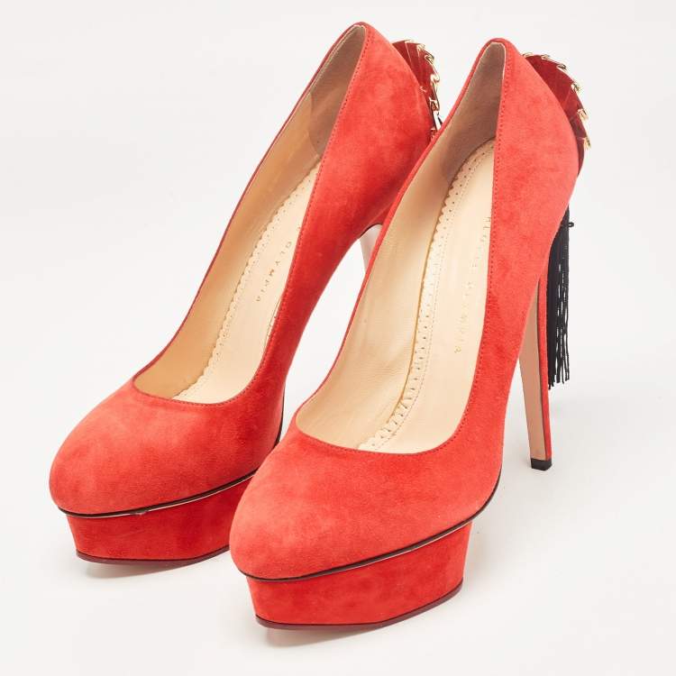 Pre Owned Charlotte Olympia Orange Suede Fan Tassel Dolly Pumps Size 41