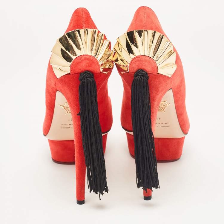 Pre Owned Charlotte Olympia Orange Suede Fan Tassel Dolly Pumps Size 41