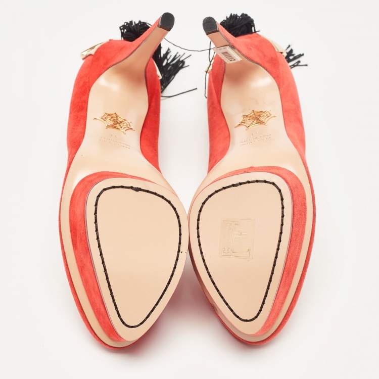 Pre Owned Charlotte Olympia Orange Suede Fan Tassel Dolly Pumps Size 41