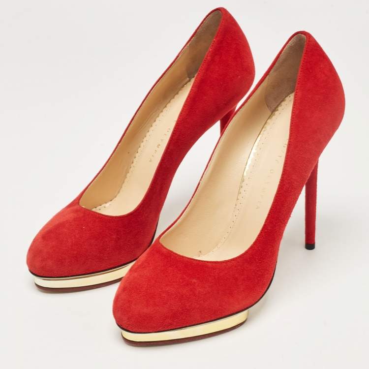 Pre Owned Charlotte Olympia Red Suede Dolly Platform Pumps 40.5
