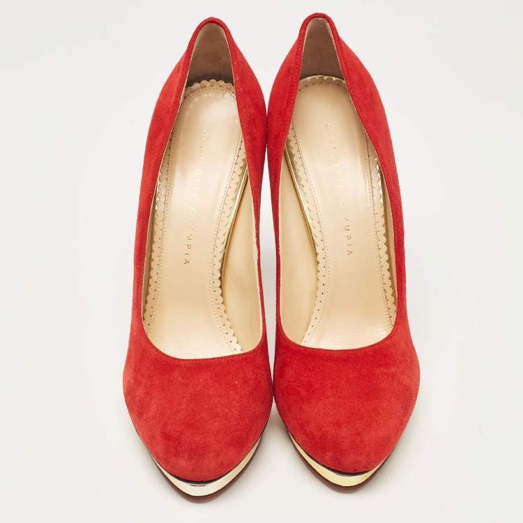 Pre Owned Charlotte Olympia Red Suede Dolly Platform Pumps 40.5