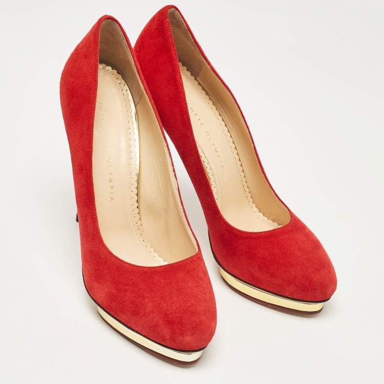 Pre Owned Charlotte Olympia Red Suede Dolly Platform Pumps 40.5