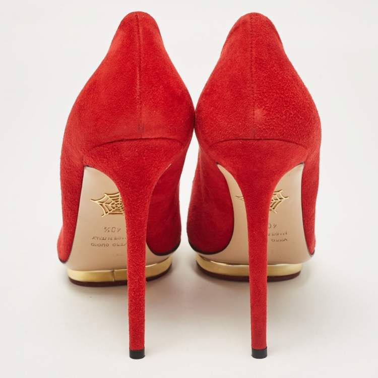 Pre Owned Charlotte Olympia Red Suede Dolly Platform Pumps 40.5