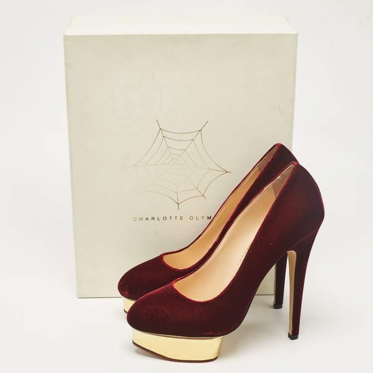 Pre Owned Charlotte Olympia Burgundy Velvet Dolly Platform Pumps Size 41