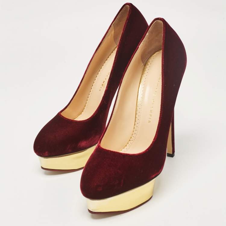 Pre Owned Charlotte Olympia Burgundy Velvet Dolly Platform Pumps Size 41
