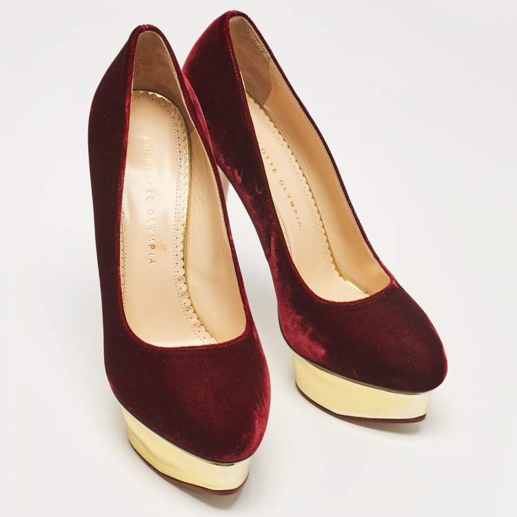 Pre Owned Charlotte Olympia Burgundy Velvet Dolly Platform Pumps Size 41