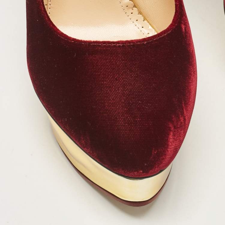 Pre Owned Charlotte Olympia Burgundy Velvet Dolly Platform Pumps Size 41