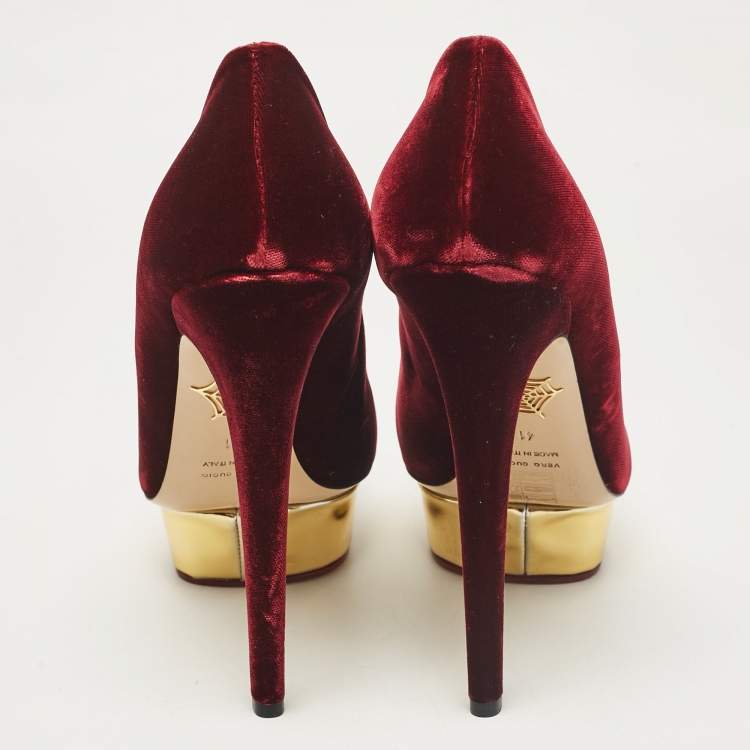 Pre Owned Charlotte Olympia Burgundy Velvet Dolly Platform Pumps Size 41