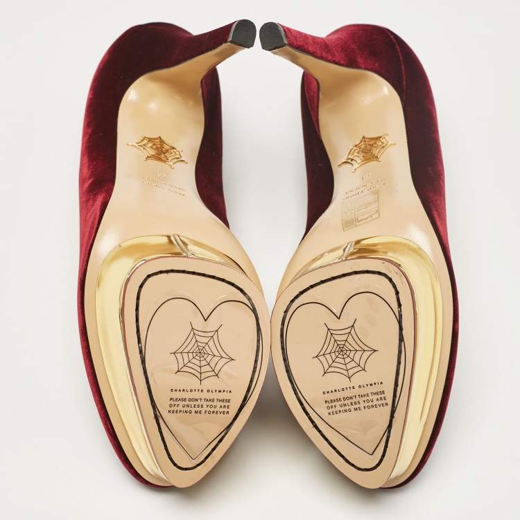 Pre Owned Charlotte Olympia Burgundy Velvet Dolly Platform Pumps Size 41