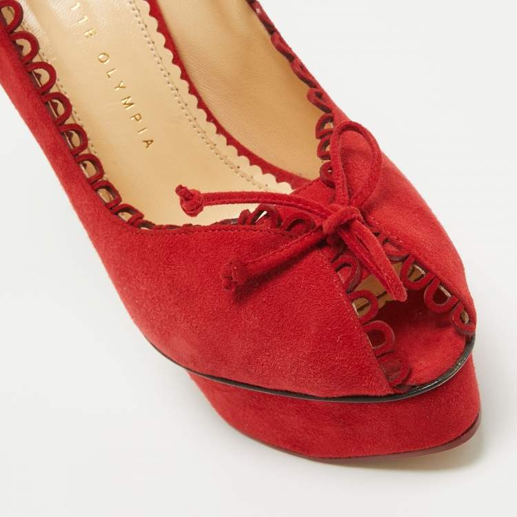 Pre Owned Charlotte Olympia Red Suede Platform Pumps Size 40.5